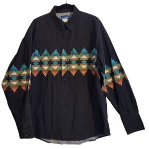 Vintage Wrangler Brushpopper Black Southwestern Aztec Pearl Snap Shirt Men's XL
